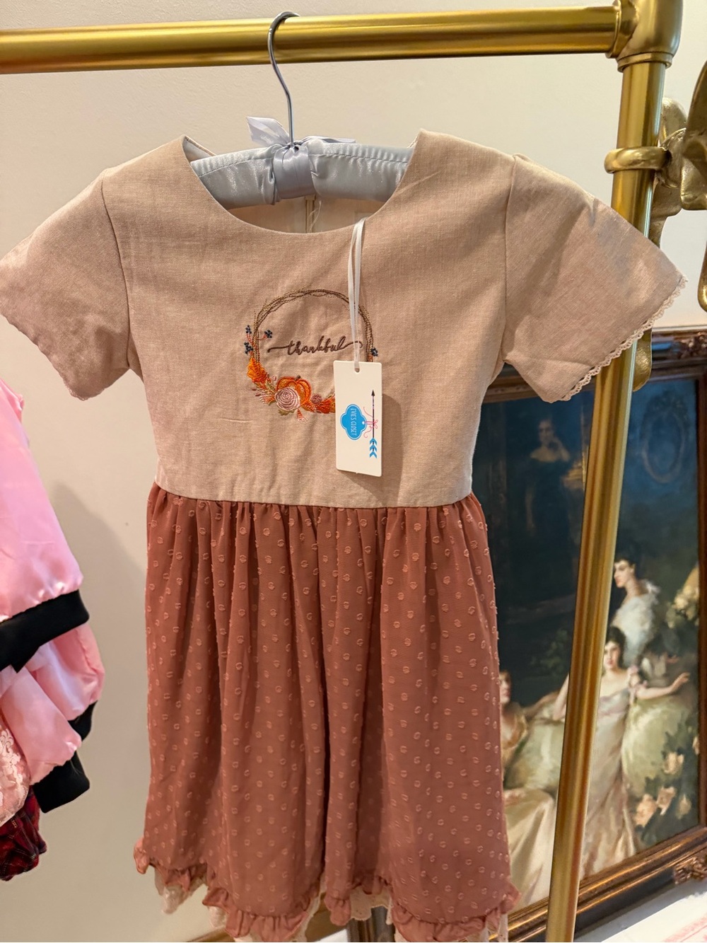 Girls Cream and Rust Embroidered Thankful Dress